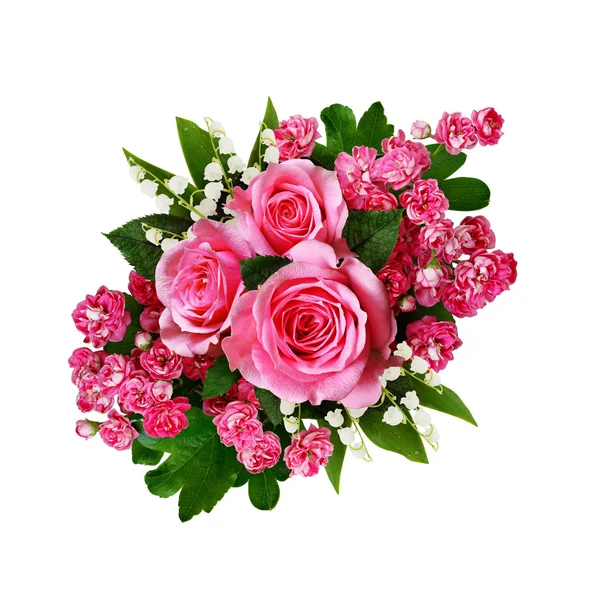 Strauß rosa Rosen, Maiglöckchen und Weißdornblumen — Stockfoto