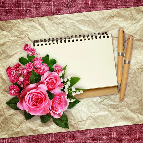 Bouquet of pink roses, lilies of the valley and hawthorn flowers — Stock Photo, Image