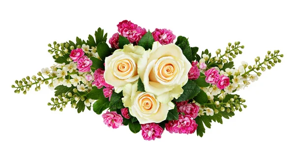 Roses, bird-cherry tree flowers and hawthorn flowers arrangement — Stock Photo, Image