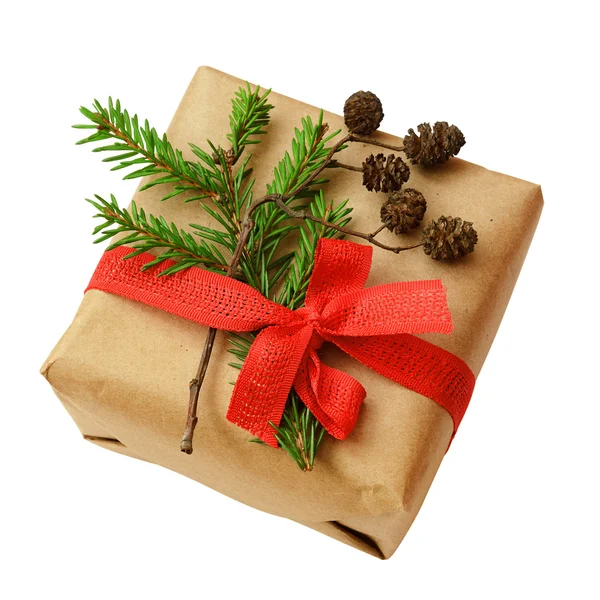 Noel hediye kutusu şerit yay, köknar ağacı dal ve küçük koni — Stok fotoğraf