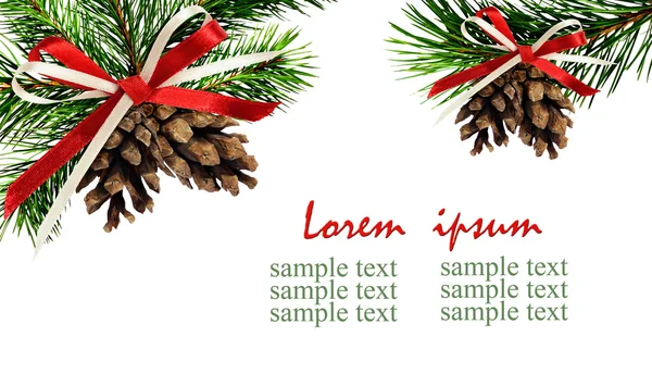 Vánoční roh dekorace větvičky borovice, kužele a stuha b — Stock fotografie