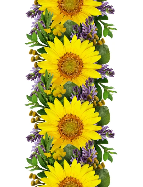 Sunflowers and wild flowers seamless garland — Stock Photo, Image