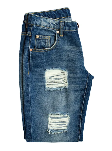 Pair Folded Blue Boyfriend Jeans Isolated White Background — Stock Photo, Image