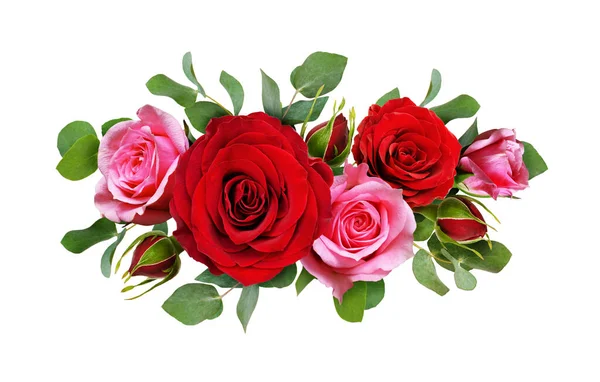 Red Pink Rose Flowers Eucalyptus Leaves Floral Arrangement Isolated White — Stock Photo, Image