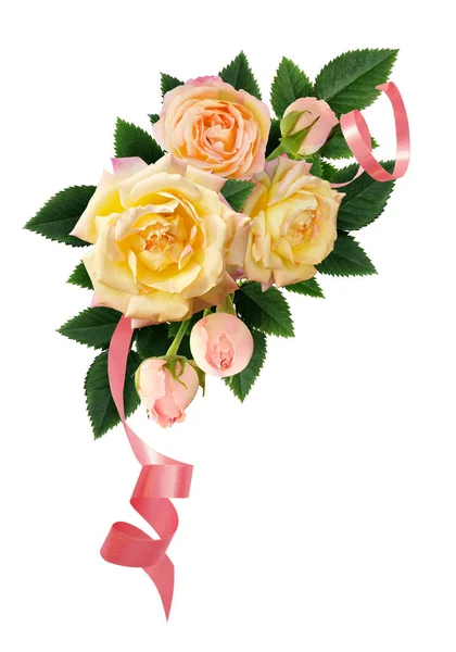 Yellow Rose Flowers Buds Composition Pink Ribbons Isolated White Background — Stock Photo, Image