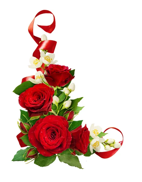 Köşesinde Kırmızı Güller Beyaz Arka Planda Ipek Kurdeleli Yasemin Çiçekleri — Stok fotoğraf