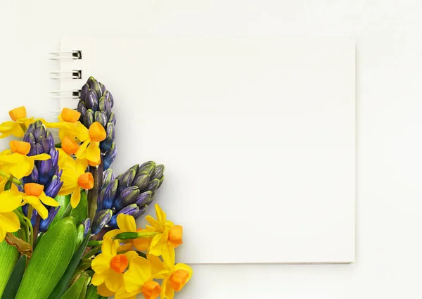 Hyacinth Narcissus Flowers Corner Arrangement Notepad White Background Flat Lay — Stock Photo, Image