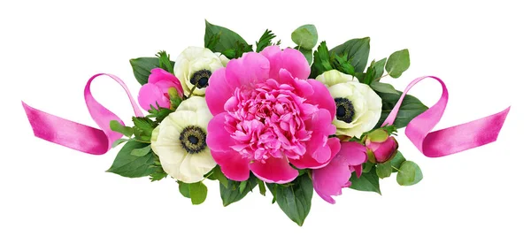 Roze Pioenrozen Anemoon Bloemen Met Satijnen Linten Bloemstuk Geïsoleerd Witte — Stockfoto