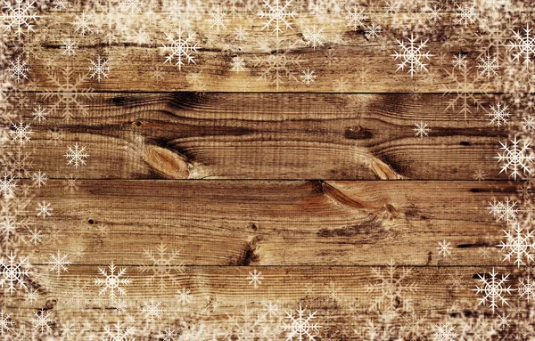 Hnědé Zimní Dřevěné Pozadí Sněhovými Vločkami Rám — Stock fotografie