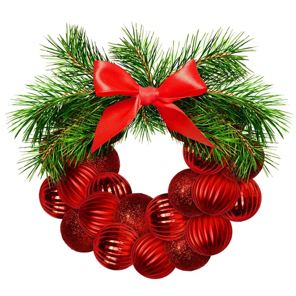 Christmas Wreath Pine Twigs Decorative Balls Silk Bow Isolated White — स्टॉक फ़ोटो, इमेज