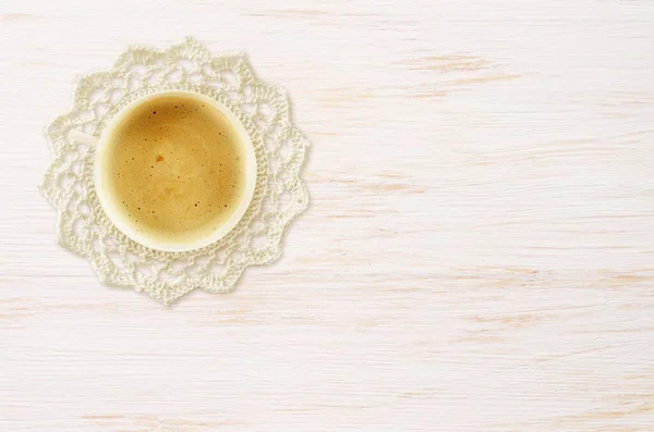 Cup Coffee Crochet Doily White Painted Wooden Background — Stock Photo, Image