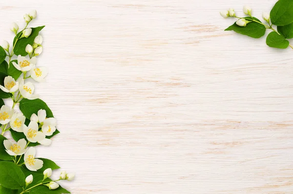 Γωνιακές Συνθέσεις Λουλούδια Γιασεμιού Και Φύλλα Λευκό Ξύλινο Φόντο Επίπεδη — Φωτογραφία Αρχείου