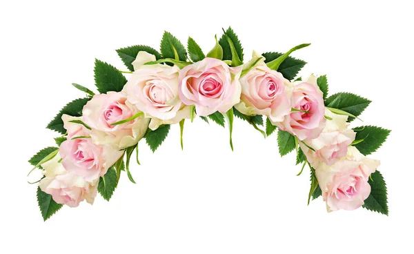 Mooie Witte Roos Bloemen Bladeren Boog Samenstelling Geïsoleerd Witte Achtergrond — Stockfoto