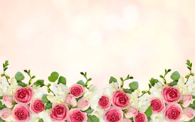 Okaliptüs yaprakları, frezya ve pembe gül çiçekleri yumuşak pembe arka planda bir sınır düzenlemesi. Üst Manzara. Düz yatıyordu.