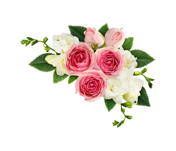 Freesia Pink Rose Flowers Corner Arrangement Isolated White Background Top — Stock Photo, Image