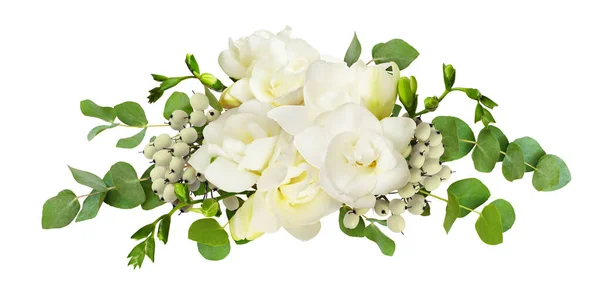 Fresh White Freesia Flowers Eucalyptus Leaves Arrangement Isolated White Background — Stock Photo, Image