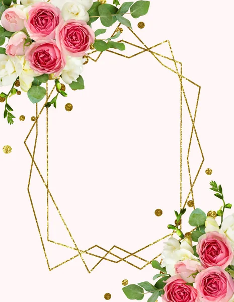 Φύλλα Ευκαλύπτου Φρέζια Και Ροζ Τριαντάφυλλο Γωνιακές Συνθέσεις Κομφετί Και — Φωτογραφία Αρχείου