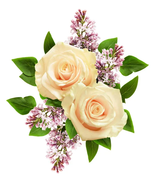 Witte Rozen Lila Bloemen Feestelijke Arrangement Geïsoleerd Wit — Stockfoto