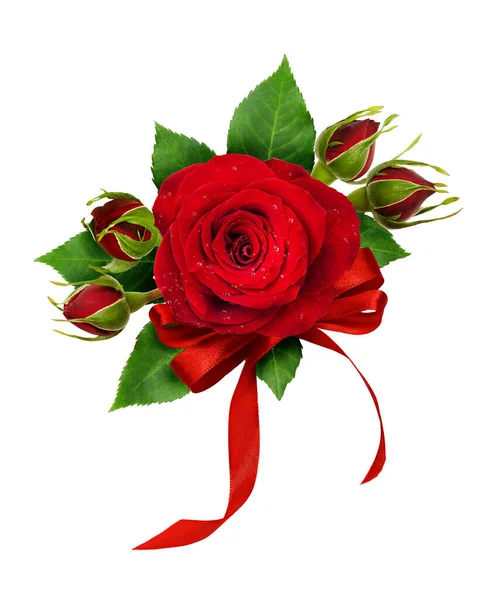 Slavnostní Uspořádání Červenou Růží Květiny Hedvábnou Stuhou Luk Izolované Bílém — Stock fotografie