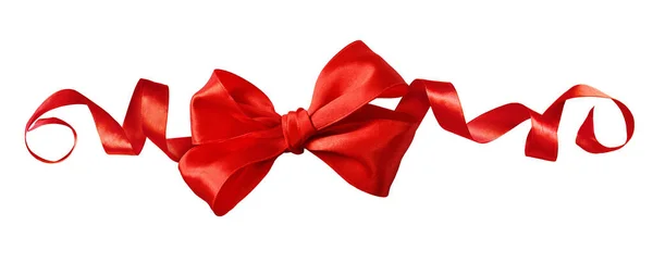 白い背景に隔離されたラインお祝いの配置で赤いサテンリボン弓 — ストック写真