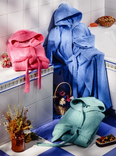 Bathrobes at bathroom — Stock Photo, Image