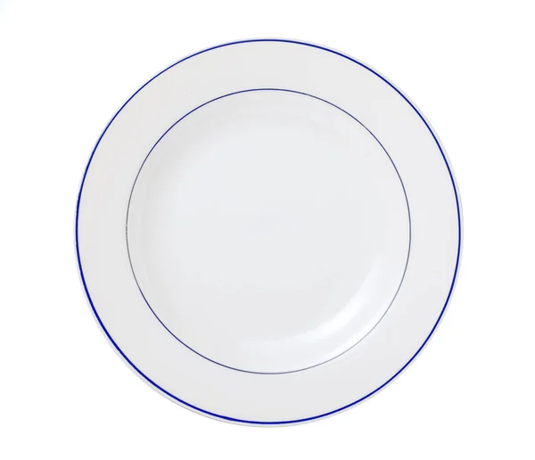 Plat Blanc Vide Avec Mince Ligne Bleue Isolé — Photo