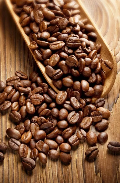 Kaffebönor Trä Med Träsked — Stockfoto