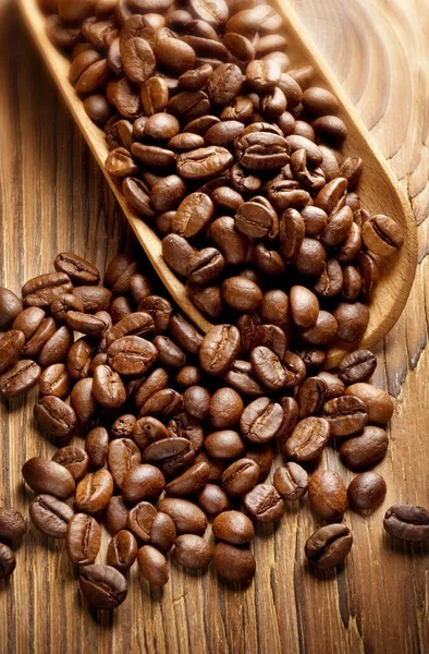 Granos Café Madera Con Cuchara Madera — Foto de Stock