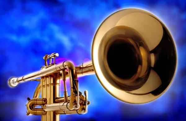 Jazz Trumpet Färgglada Blå Bakgrund — Stockfoto