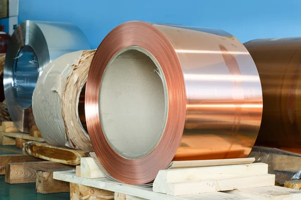 Rolls of copper foil in storage room — Stock Photo, Image