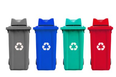 İzole büyük dört renk çöp bidonları ile tekerlek 