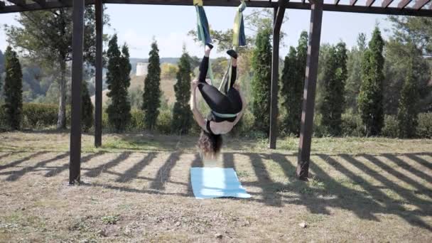 若い女性は公園でハンモックで反重力ヨガを実践しています。女の子は自然界でフライ、空中ヨガの夏に従事している — ストック動画