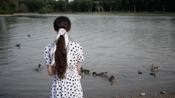 Młoda piękna kobieta w długich sukienkach karmi kaczki na jeziorze. Latem. widok z tyłu — Wideo stockowe