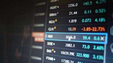 Bilgisayar ekranının önündeki tüccarın işi. Alıntılar ve hisse senedi tablosu.