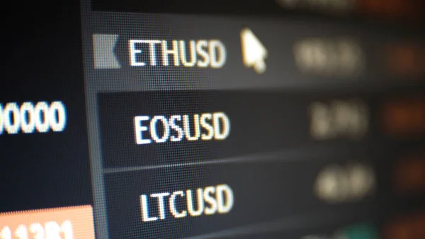 Close up of market traders screen cryptocurrency and indexes.