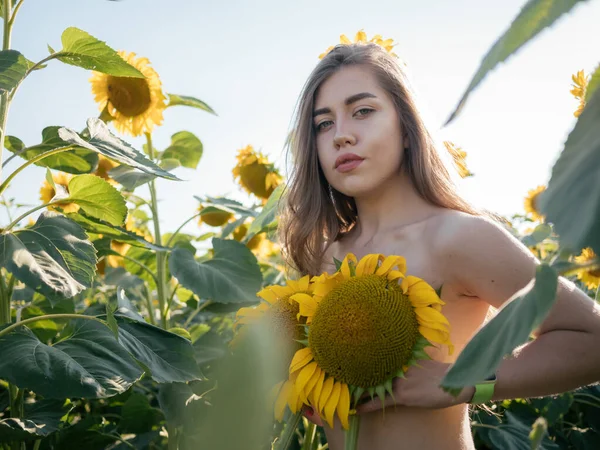 Splendida Giovane Donna Posa Sul Campo Girasole Con Petto Nudo — Foto Stock