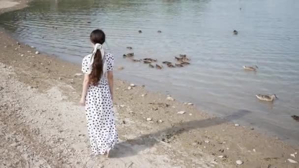 Молодая женщина в длинном платье гуляет по пляжу вдоль озера и наслаждается свежим воздухом — стоковое видео