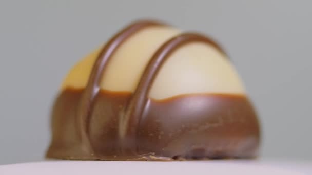 Bonbons au chocolat isolés sur fond blanc, macro, rotation. dessert sucré — Video