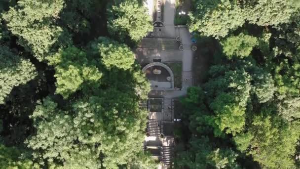 Vista aérea de cima para baixo 4k do parque verde com caminhos e pessoas caminhando ao longo deles — Vídeo de Stock