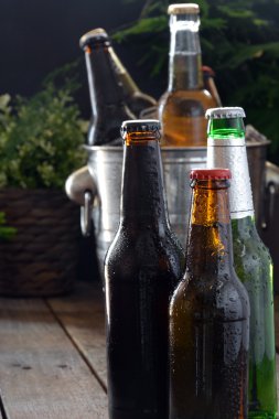 Ahşap bir masaya farklı bira. 