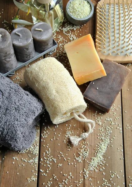 Bath soaps with pads and candles — Stock Photo, Image