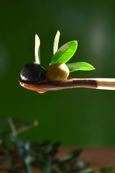 Olio d'oliva che cade su due olive con foglie di ulivo — Foto Stock