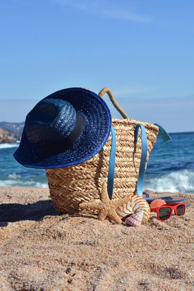 Пляжная сумка с книгой и телефоном — стоковое фото