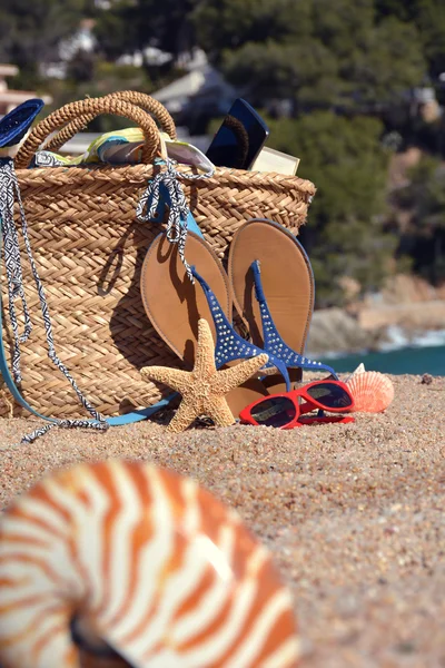 Sac de plage avec un livre et un téléphone — Photo