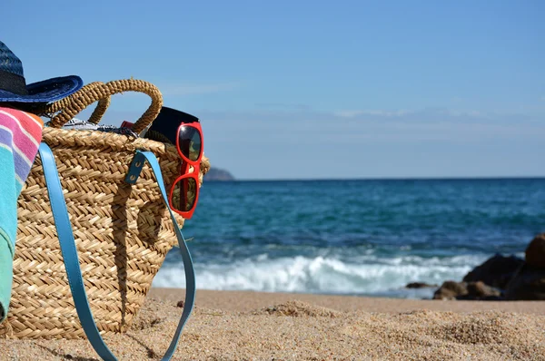 Sac de plage avec un livre et un téléphone — Photo
