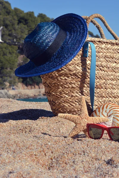 Sac de plage avec un livre et un téléphone et lunettes de soleil — Photo