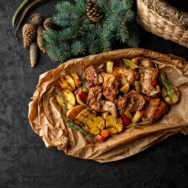 Baked Duck Stuffed Oranges Rosmarina Festive Table Black Background Top — Fotografia de Stock