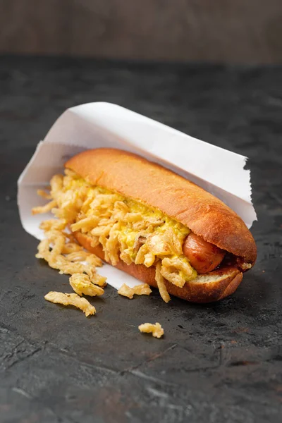 Hot Dog Con Las Cebollas Más Crujientes Snacks Saludables Para —  Fotos de Stock