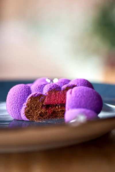 French Mousse Mini Desserts Purple Velvet Cover Table Serving Restaurant — Stock Photo, Image