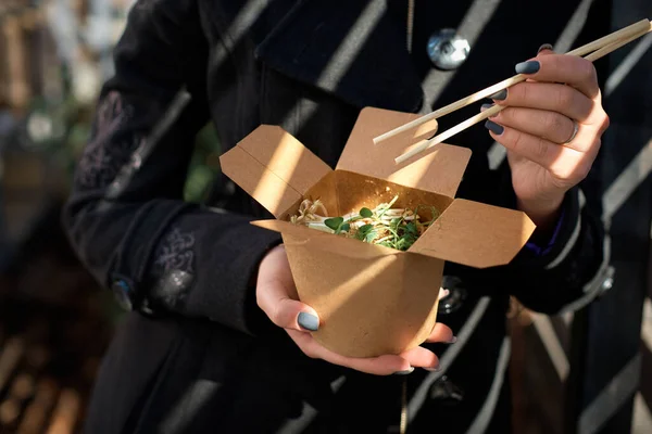 Cardboard Containers Food Rice Noodles Sprouts Vegetables Tender Tofu Thai — Stock Photo, Image